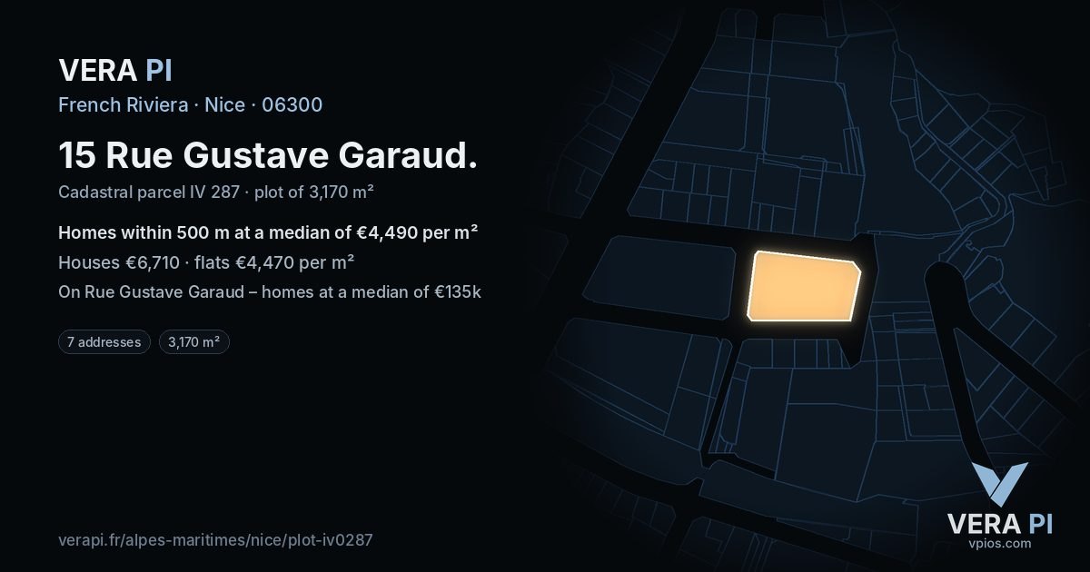 15 Rue Gustave Garaud, Nice at night – the plot lit, the parcels around coloured by the prices near them