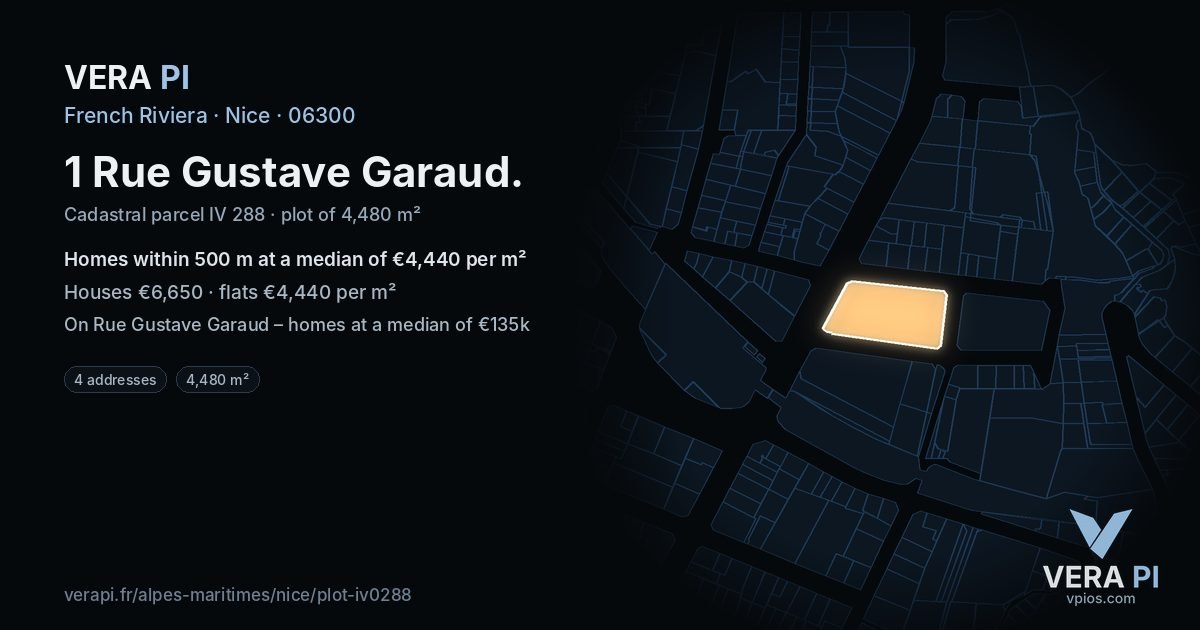 1 Rue Gustave Garaud, Nice at night – the plot lit, the parcels around coloured by the prices near them