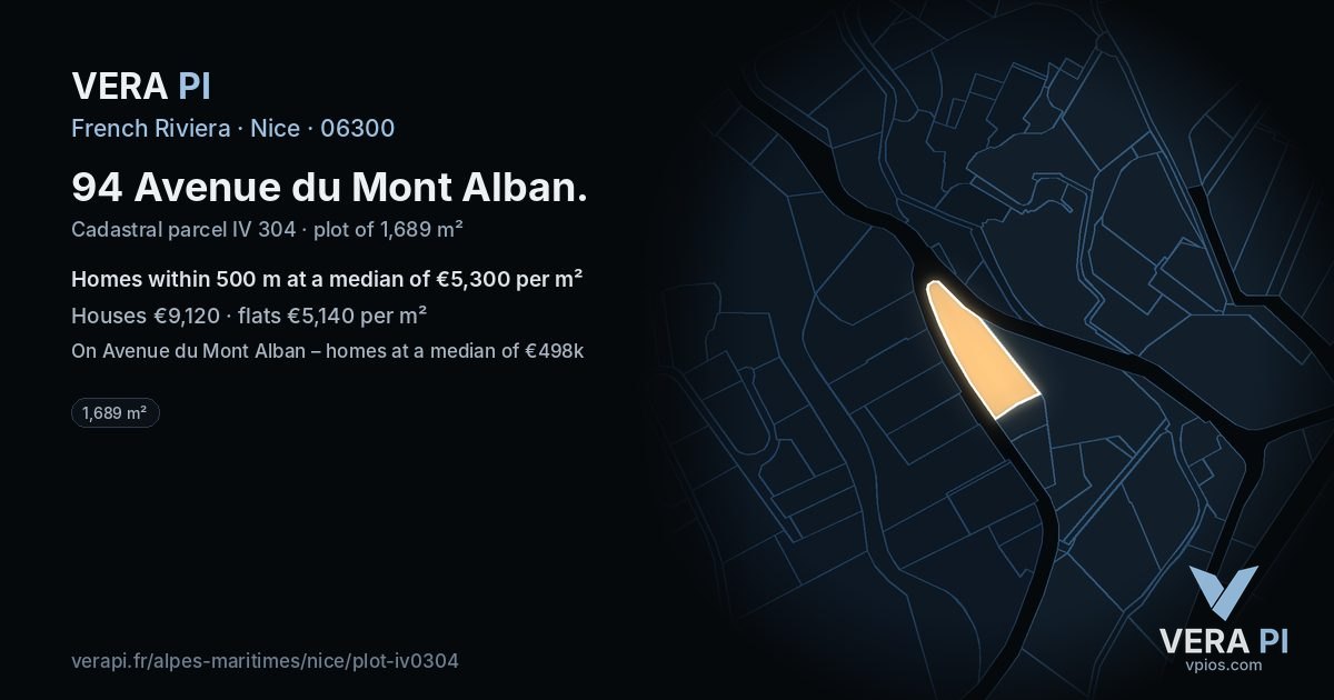 94 Avenue du Mont Alban, Nice at night – the plot lit, the parcels around coloured by the prices near them