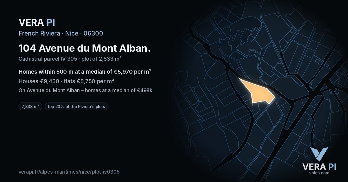 104 Avenue du Mont Alban, Nice at night – the plot lit, the parcels around coloured by the prices near them