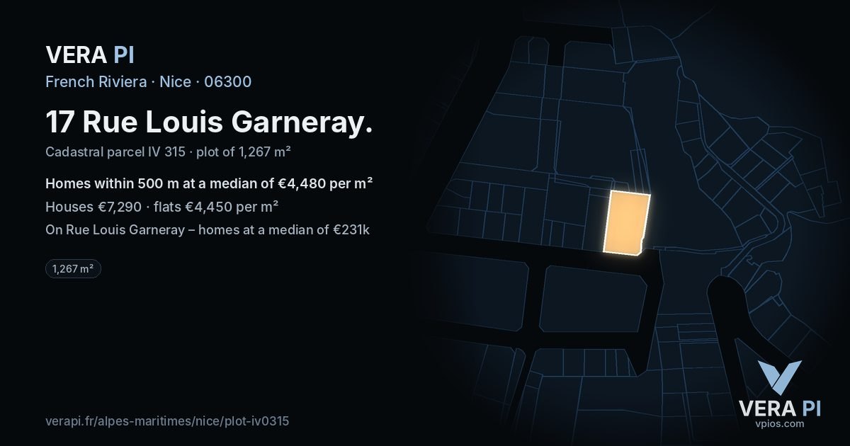 17 Rue Louis Garneray, Nice at night – the plot lit, the parcels around coloured by the prices near them