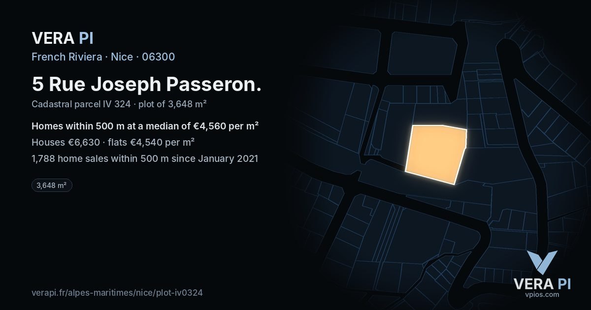 5 Rue Joseph Passeron, Nice at night – the plot lit, the parcels around coloured by the prices near them