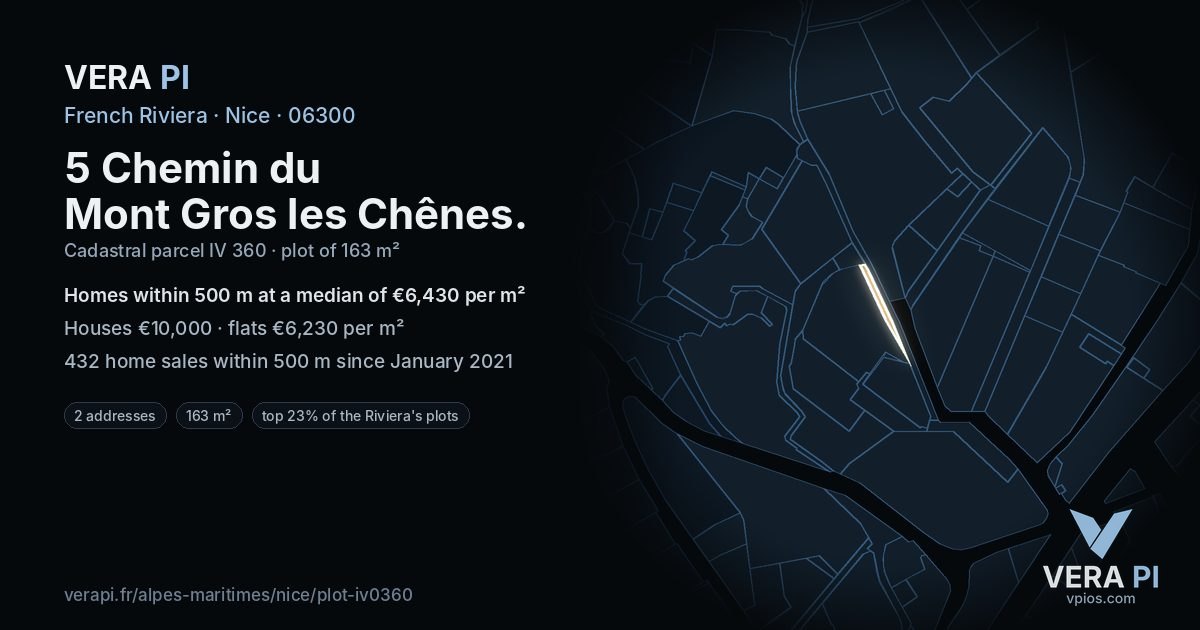 5 Chemin du Mont Gros les Chênes, Nice at night – the plot lit, the parcels around coloured by the prices near them