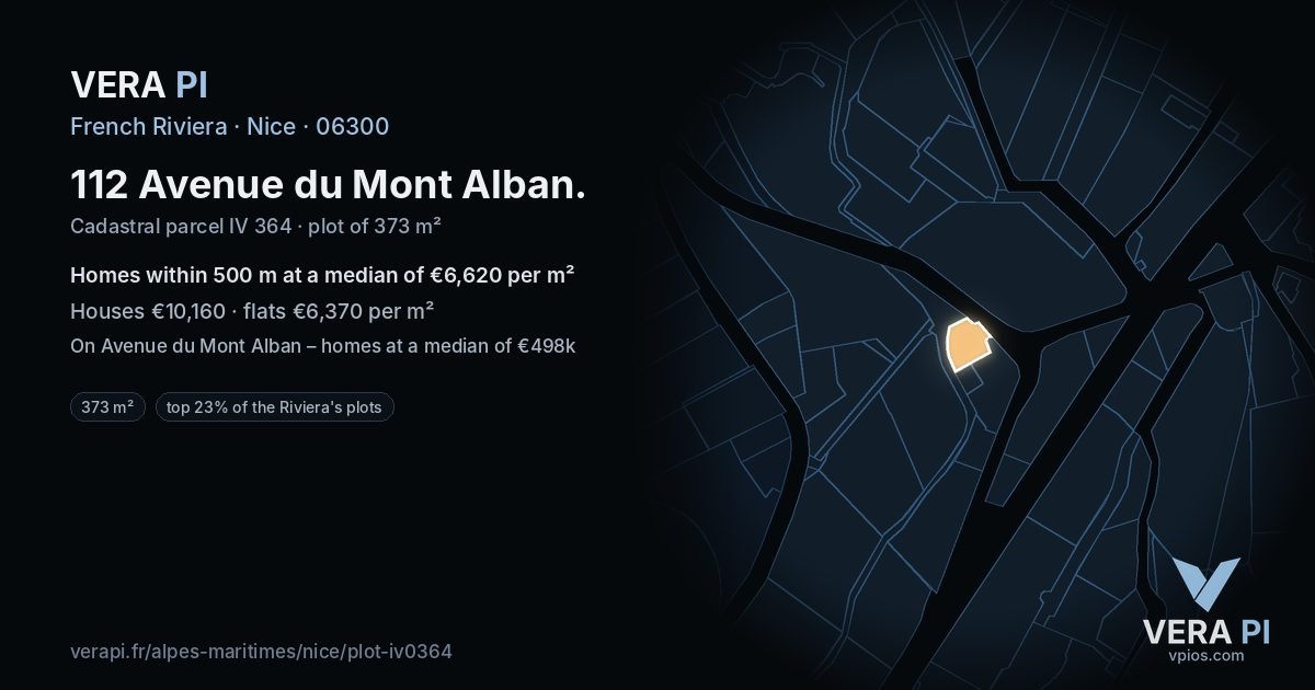 112 Avenue du Mont Alban, Nice at night – the plot lit, the parcels around coloured by the prices near them