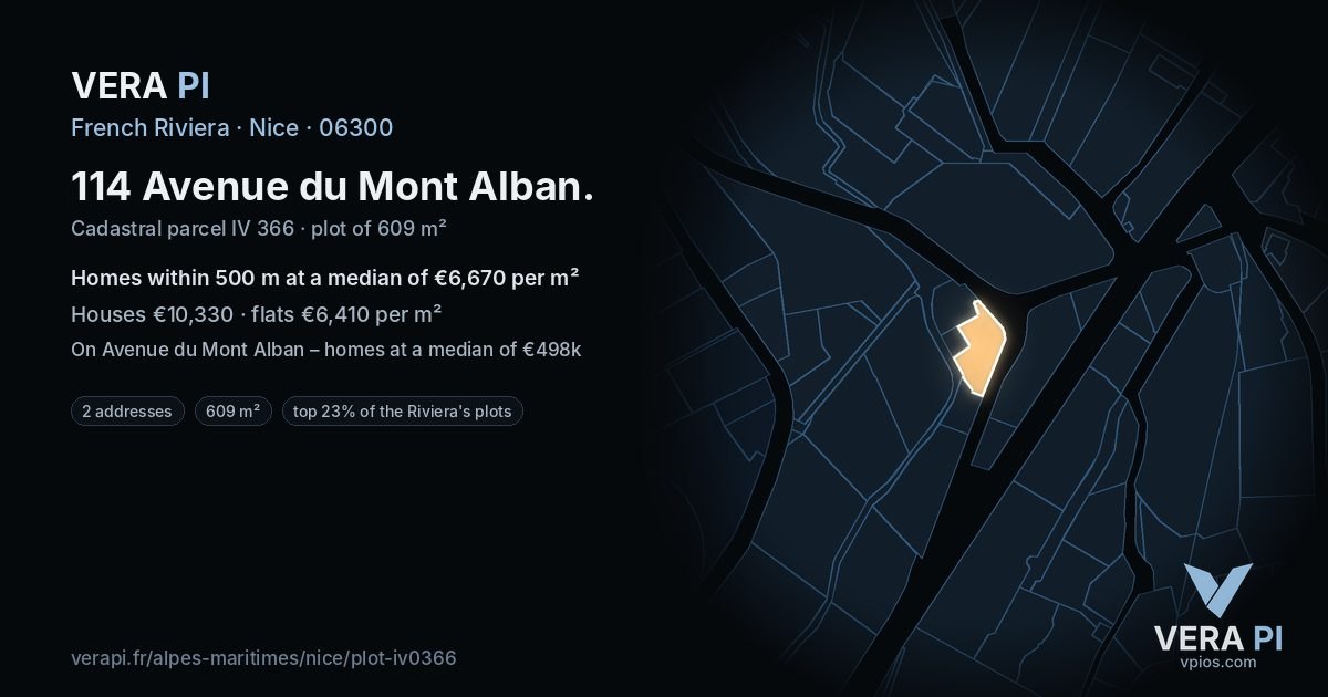 114 Avenue du Mont Alban, Nice at night – the plot lit, the parcels around coloured by the prices near them