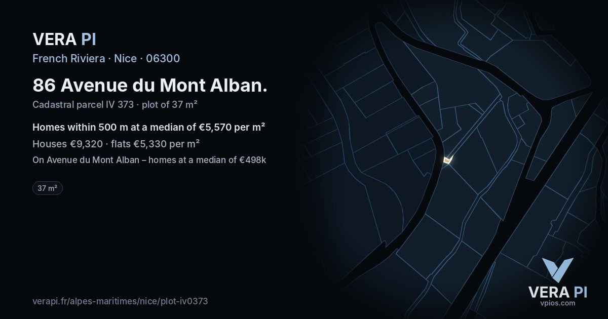 86 Avenue du Mont Alban, Nice at night – the plot lit, the parcels around coloured by the prices near them