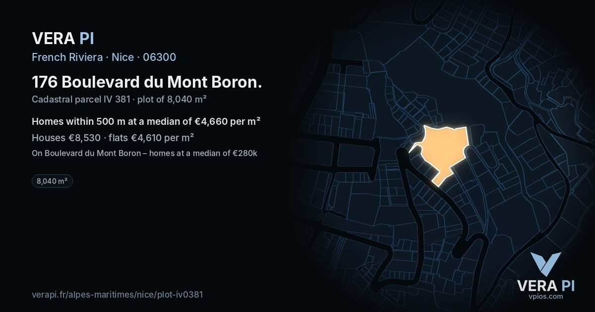 176 Boulevard du Mont Boron, Nice at night – the plot lit, the parcels around coloured by the prices near them