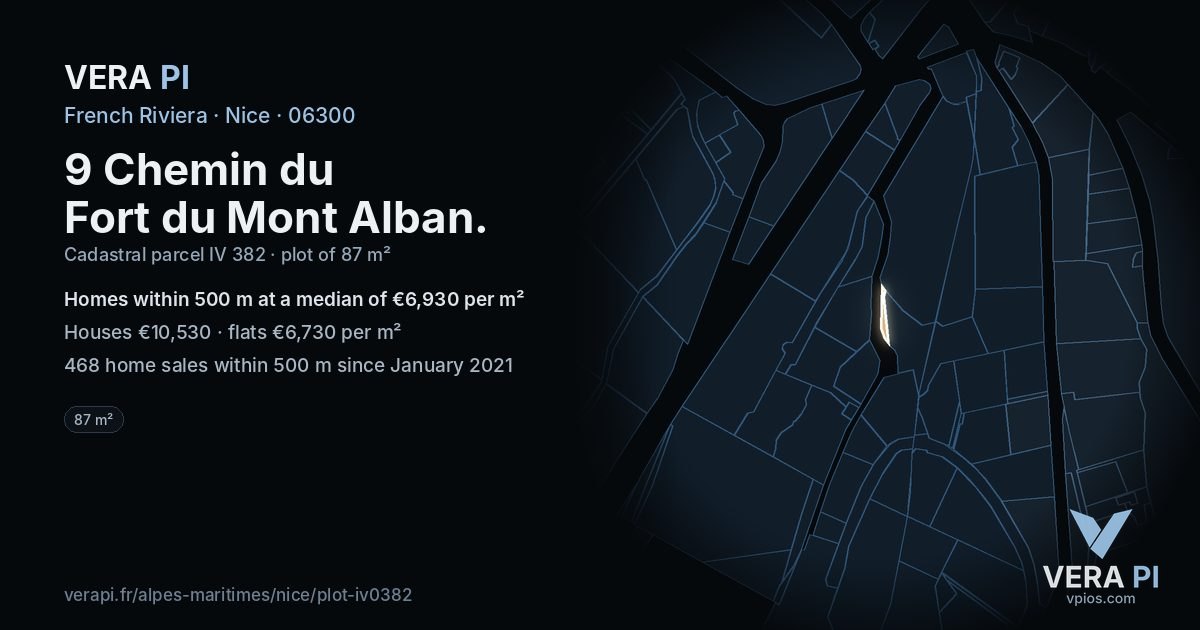 9 Chemin du Fort du Mont Alban, Nice at night – the plot lit, the parcels around coloured by the prices near them