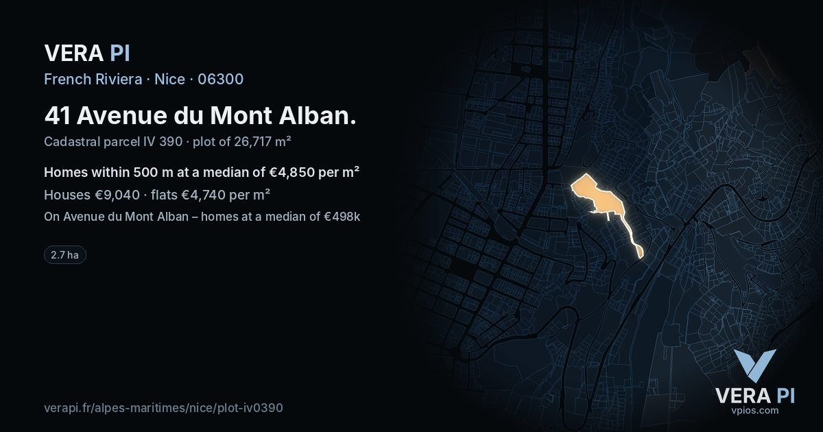 41 Avenue du Mont Alban, Nice at night – the plot lit, the parcels around coloured by the prices near them