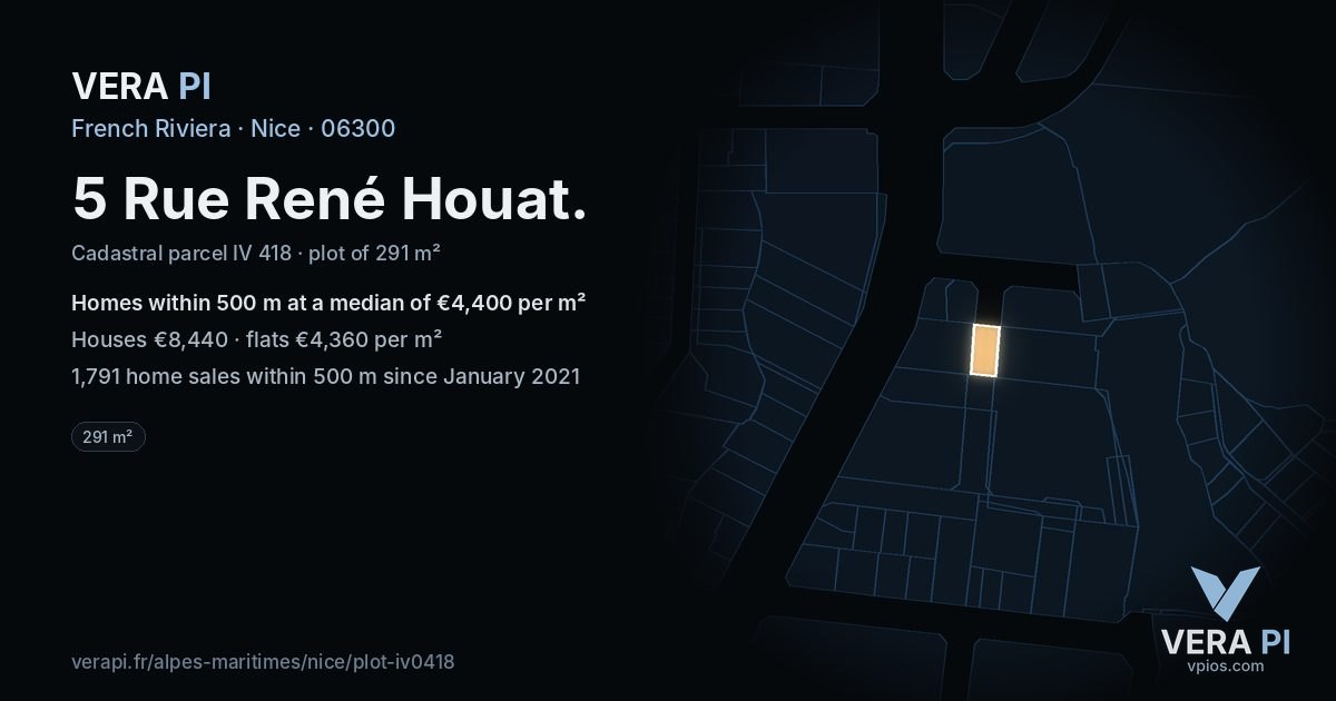 5 Rue René Houat, Nice at night – the plot lit, the parcels around coloured by the prices near them