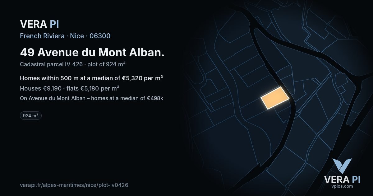 49 Avenue du Mont Alban, Nice at night – the plot lit, the parcels around coloured by the prices near them