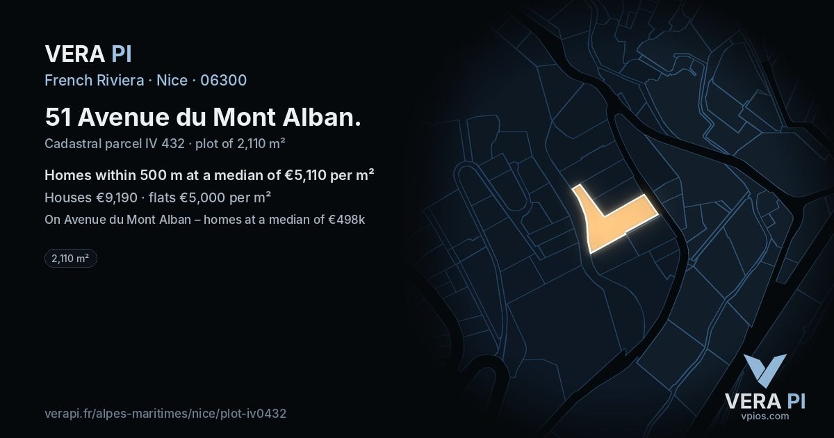51 Avenue du Mont Alban, Nice at night – the plot lit, the parcels around coloured by the prices near them