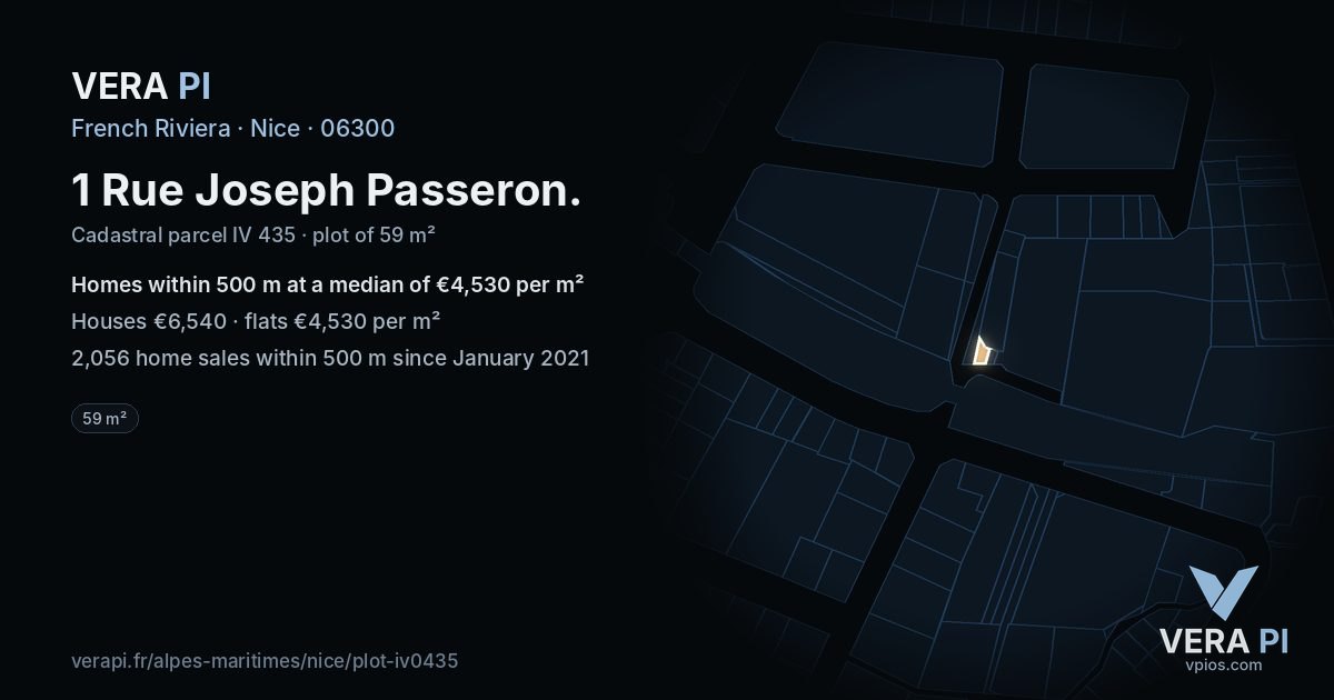 1 Rue Joseph Passeron, Nice at night – the plot lit, the parcels around coloured by the prices near them