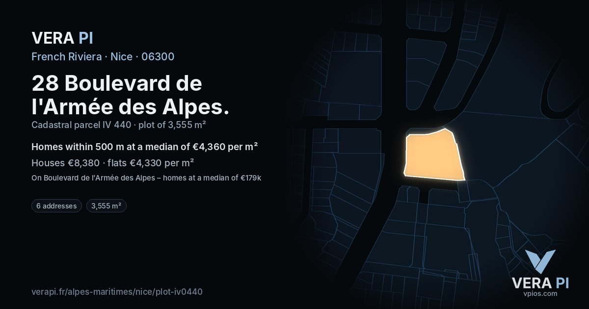 28 Boulevard de l'Armée des Alpes, Nice at night – the plot lit, the parcels around coloured by the prices near them