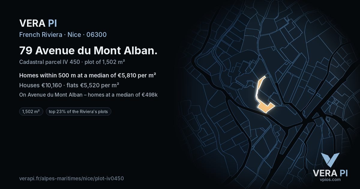 79 Avenue du Mont Alban, Nice at night – the plot lit, the parcels around coloured by the prices near them