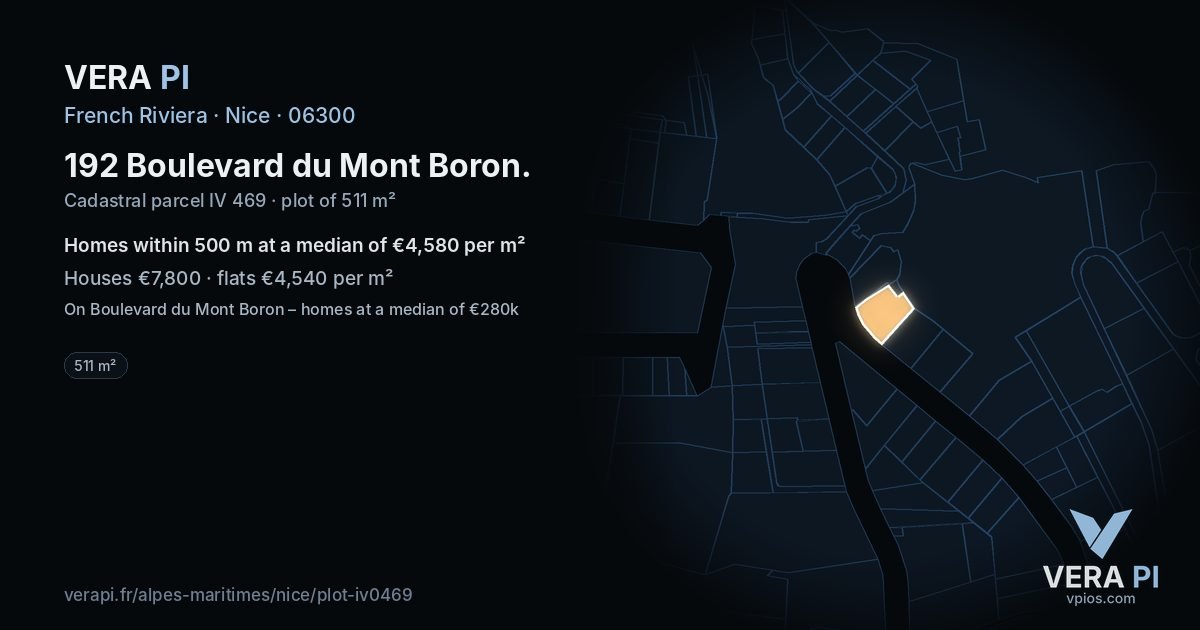 192 Boulevard du Mont Boron, Nice at night – the plot lit, the parcels around coloured by the prices near them
