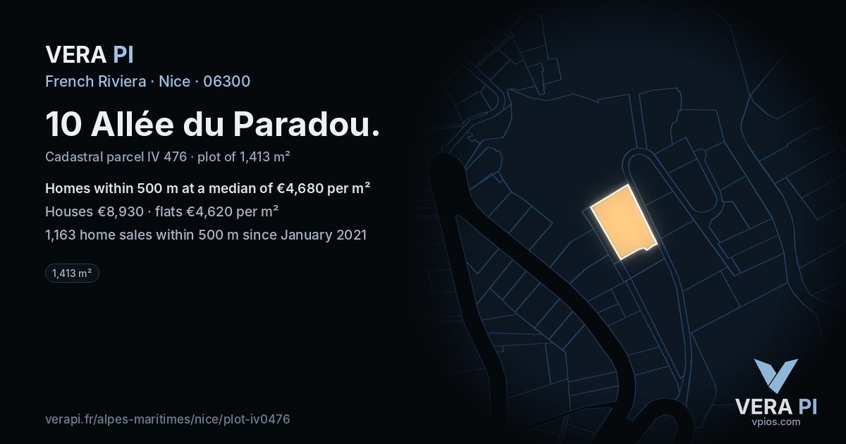 10 Allée du Paradou, Nice at night – the plot lit, the parcels around coloured by the prices near them