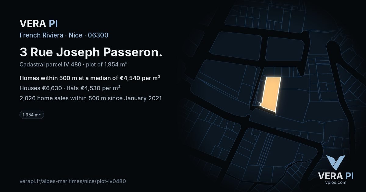 3 Rue Joseph Passeron, Nice at night – the plot lit, the parcels around coloured by the prices near them