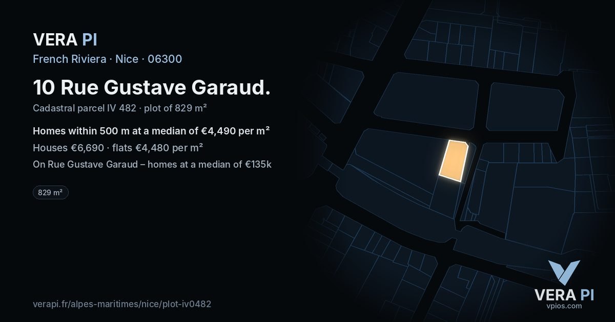 10 Rue Gustave Garaud, Nice at night – the plot lit, the parcels around coloured by the prices near them