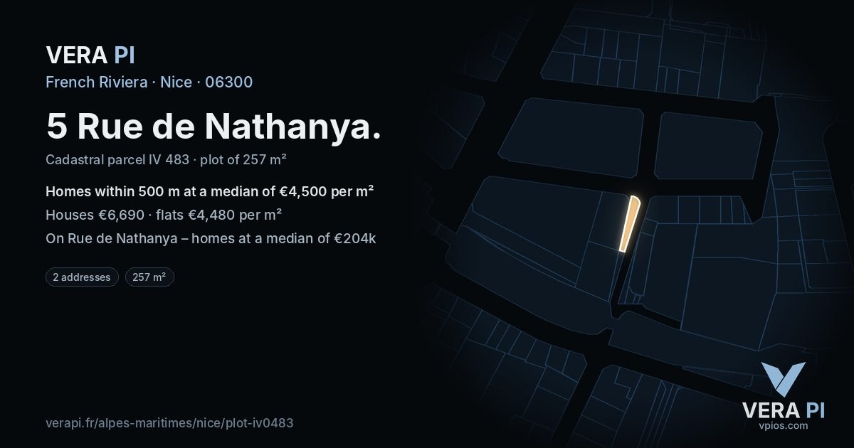 5 Rue de Nathanya, Nice at night – the plot lit, the parcels around coloured by the prices near them