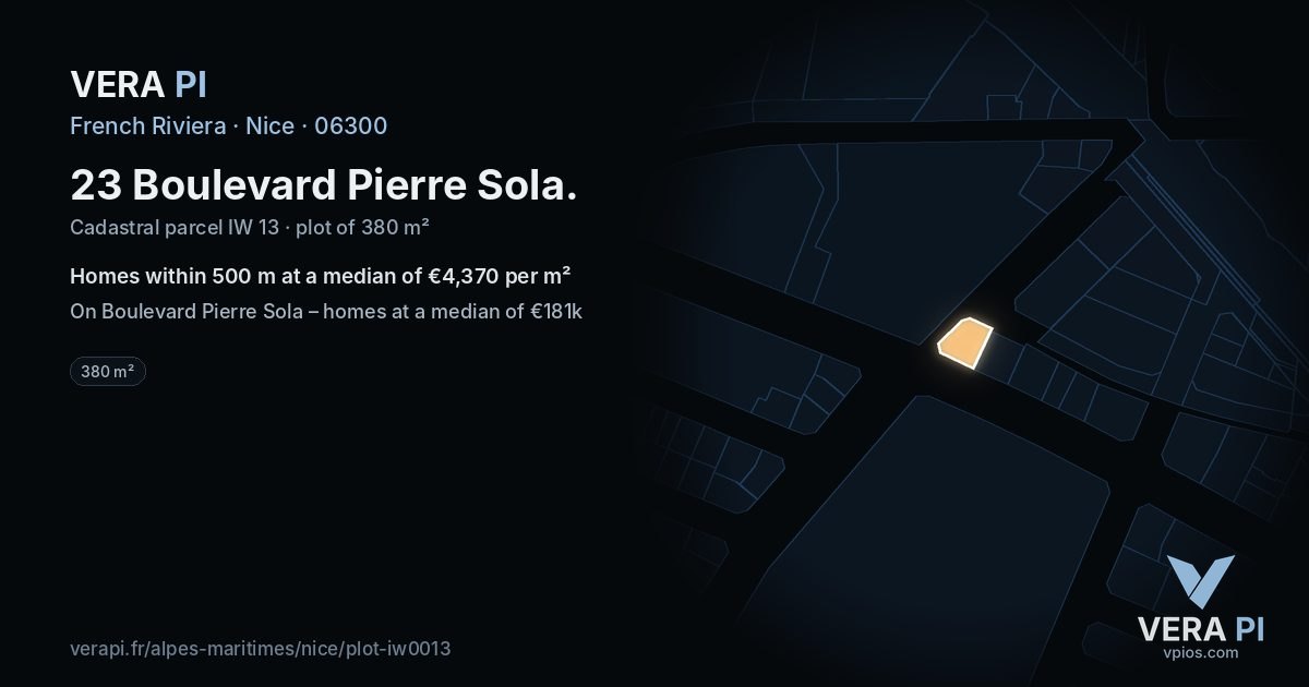 23 Boulevard Pierre Sola, Nice at night – the plot lit, the parcels around coloured by the prices near them