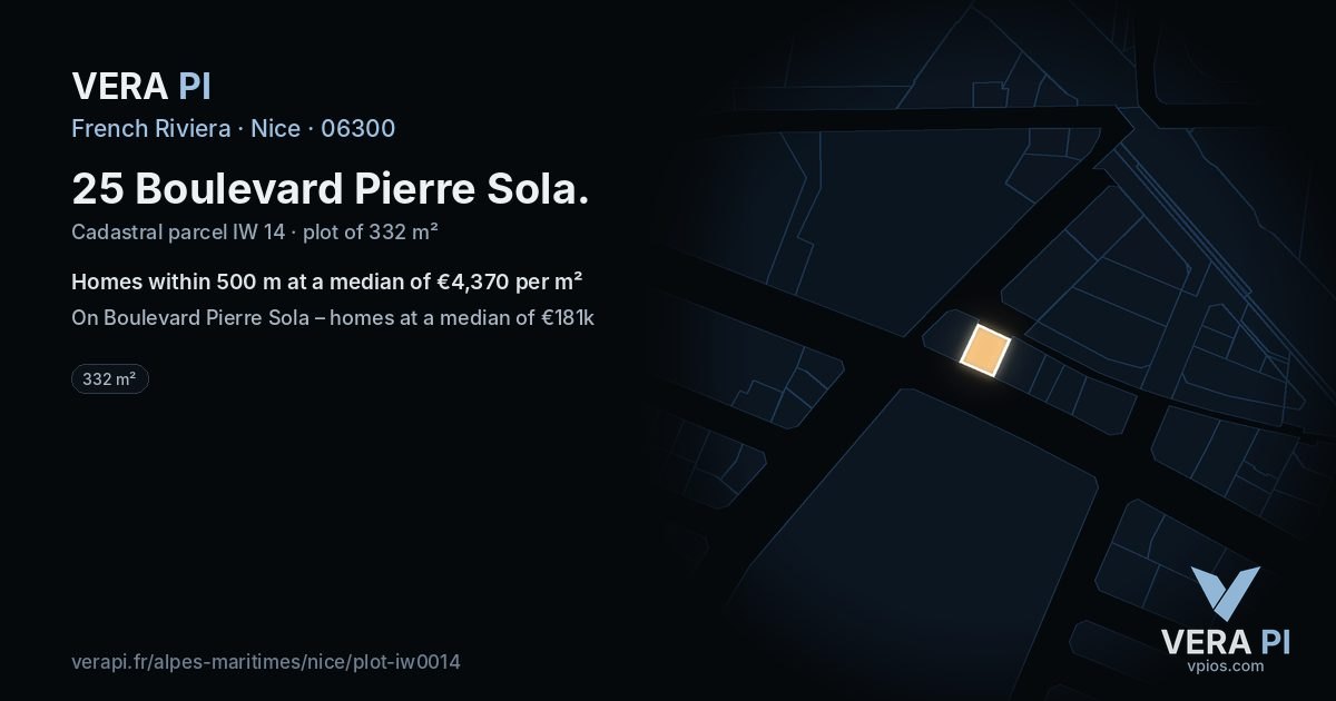 25 Boulevard Pierre Sola, Nice at night – the plot lit, the parcels around coloured by the prices near them