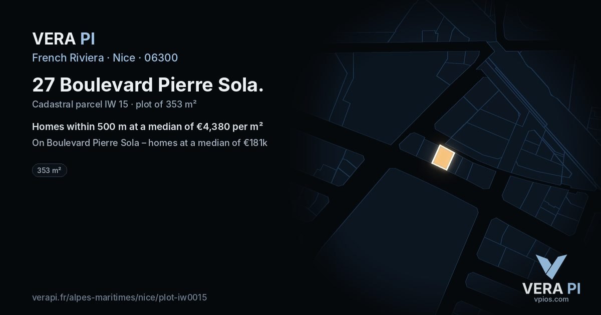 27 Boulevard Pierre Sola, Nice at night – the plot lit, the parcels around coloured by the prices near them