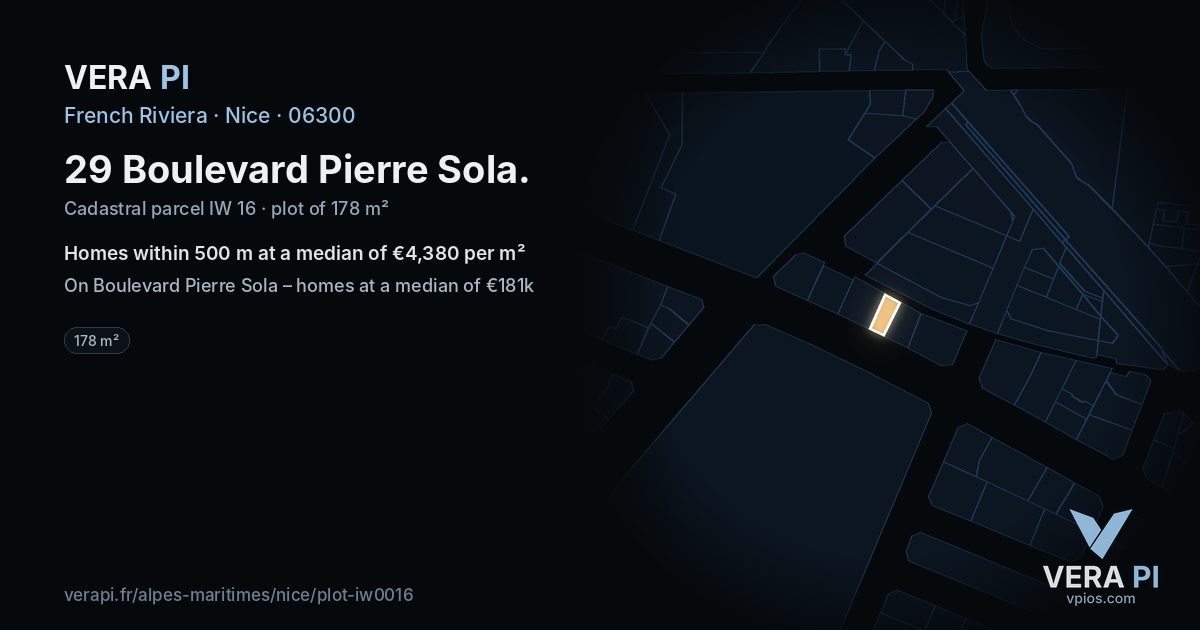 29 Boulevard Pierre Sola, Nice at night – the plot lit, the parcels around coloured by the prices near them