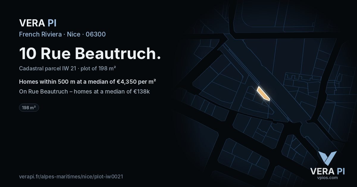10 Rue Beautruch, Nice at night – the plot lit, the parcels around coloured by the prices near them