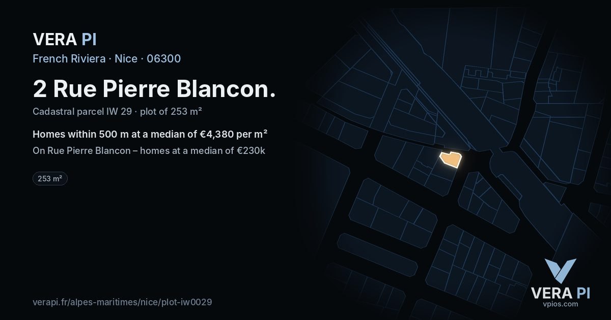 2 Rue Pierre Blancon, Nice at night – the plot lit, the parcels around coloured by the prices near them
