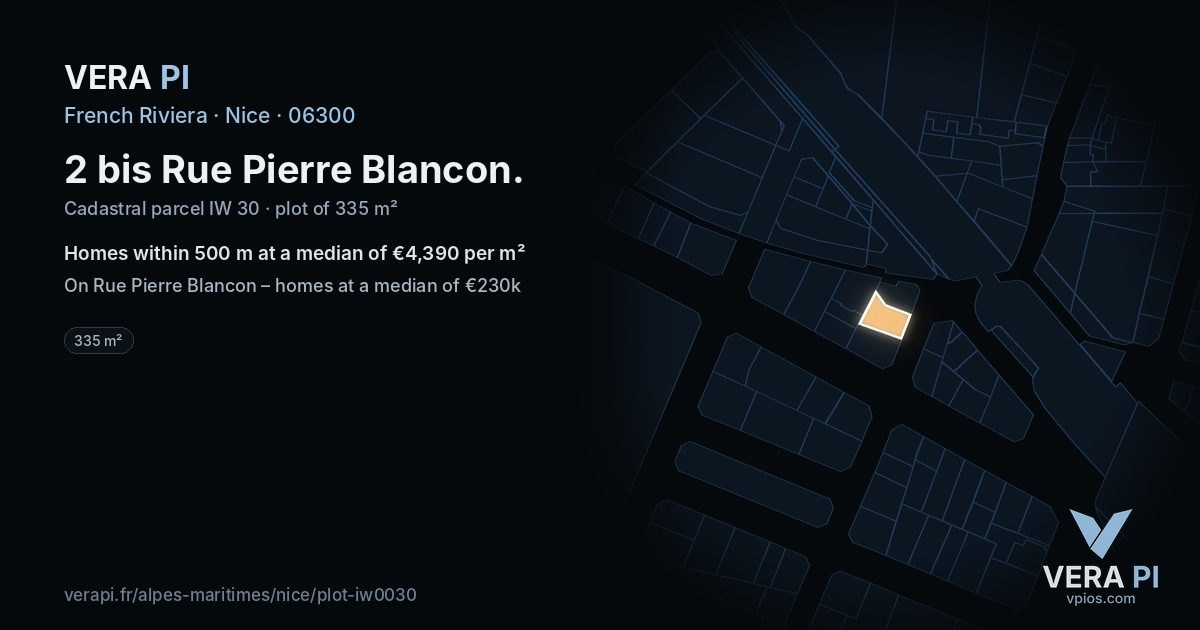 2 bis Rue Pierre Blancon, Nice at night – the plot lit, the parcels around coloured by the prices near them
