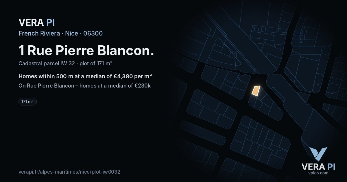 1 Rue Pierre Blancon, Nice at night – the plot lit, the parcels around coloured by the prices near them