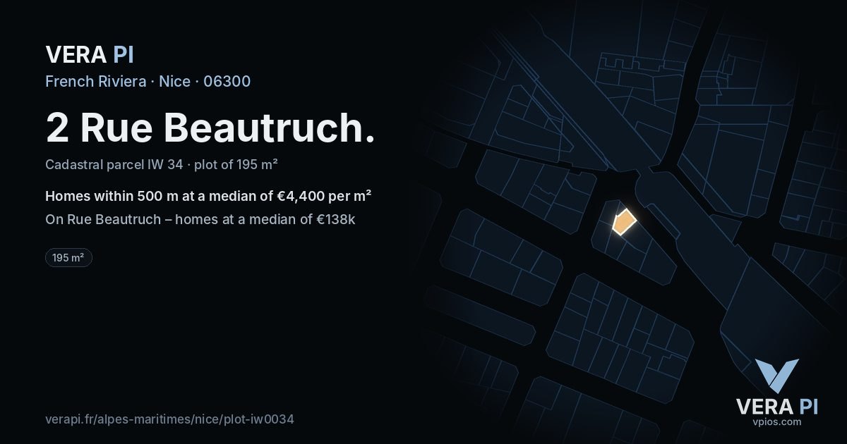 2 Rue Beautruch, Nice at night – the plot lit, the parcels around coloured by the prices near them