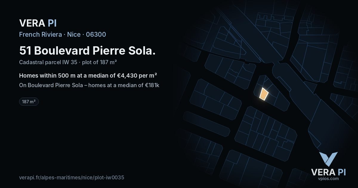51 Boulevard Pierre Sola, Nice at night – the plot lit, the parcels around coloured by the prices near them