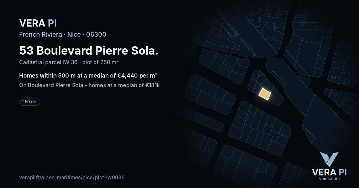 53 Boulevard Pierre Sola, Nice at night – the plot lit, the parcels around coloured by the prices near them
