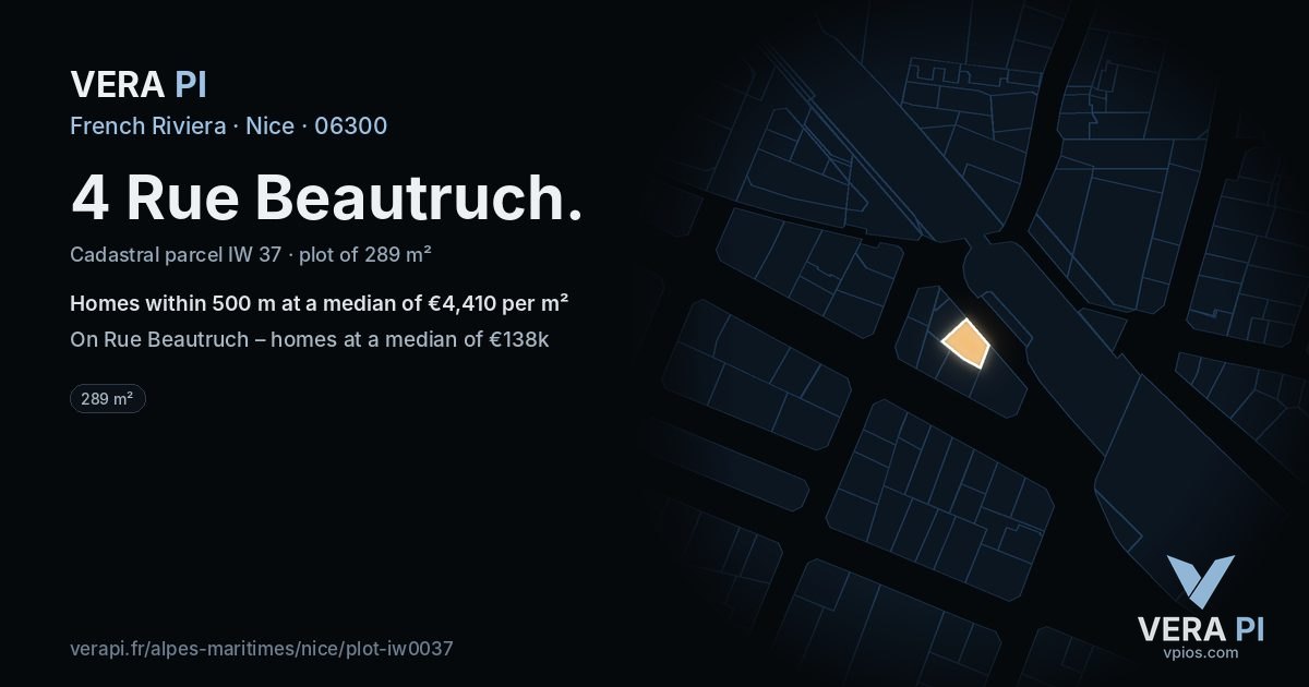 4 Rue Beautruch, Nice at night – the plot lit, the parcels around coloured by the prices near them