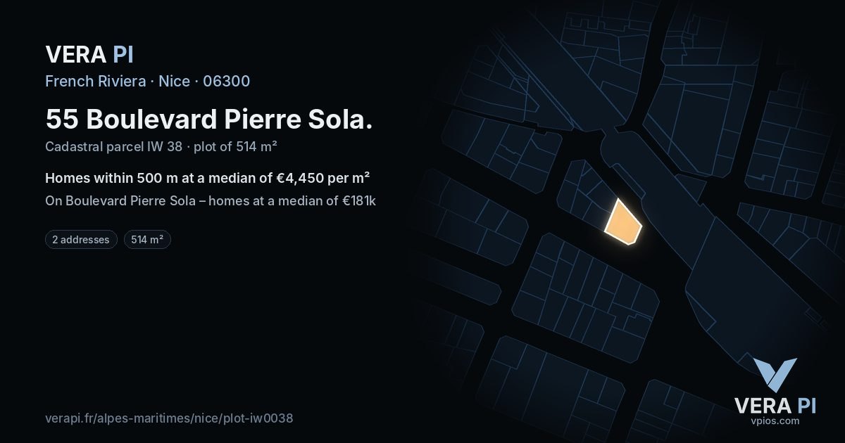 55 Boulevard Pierre Sola, Nice at night – the plot lit, the parcels around coloured by the prices near them