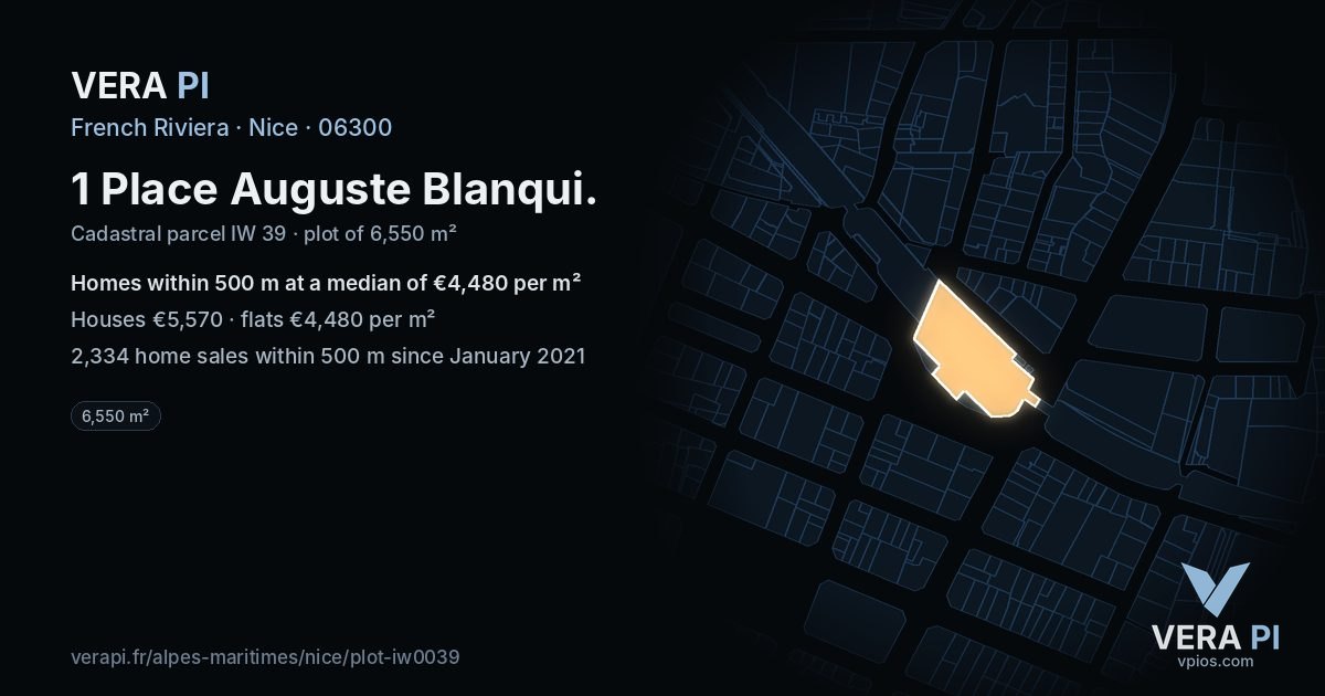 1 Place Auguste Blanqui, Nice at night – the plot lit, the parcels around coloured by the prices near them