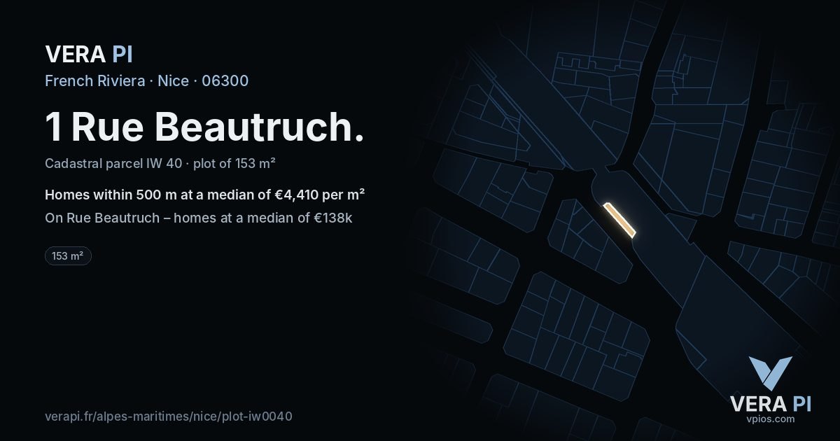 1 Rue Beautruch, Nice at night – the plot lit, the parcels around coloured by the prices near them