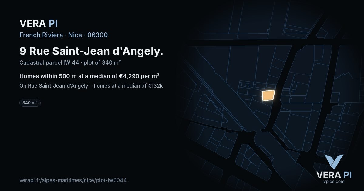 9 Rue Saint-Jean d'Angely, Nice at night – the plot lit, the parcels around coloured by the prices near them