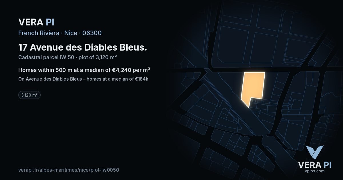 17 Avenue des Diables Bleus, Nice at night – the plot lit, the parcels around coloured by the prices near them