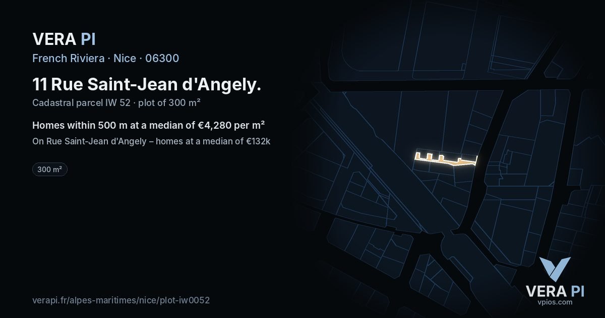 11 Rue Saint-Jean d'Angely, Nice at night – the plot lit, the parcels around coloured by the prices near them