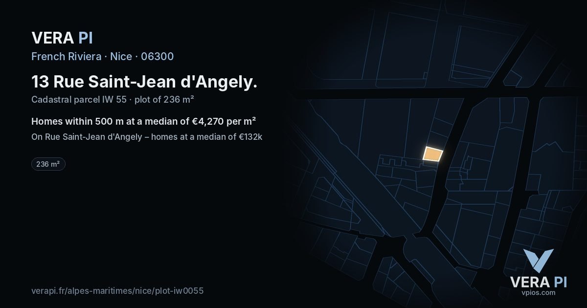 13 Rue Saint-Jean d'Angely, Nice at night – the plot lit, the parcels around coloured by the prices near them