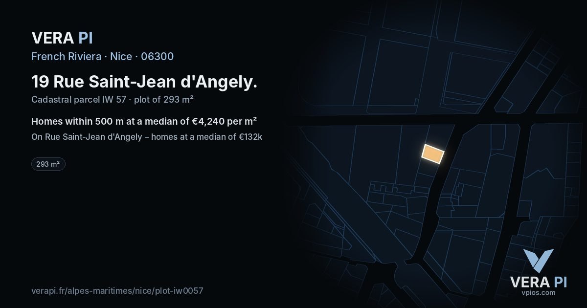19 Rue Saint-Jean d'Angely, Nice at night – the plot lit, the parcels around coloured by the prices near them