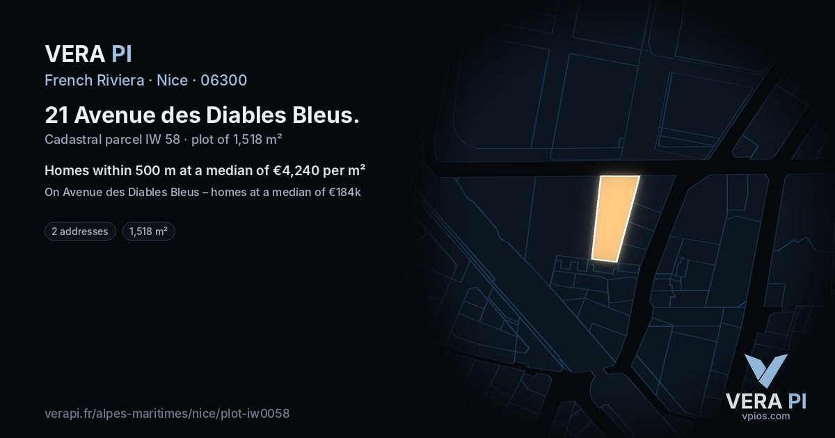 21 Avenue des Diables Bleus, Nice at night – the plot lit, the parcels around coloured by the prices near them