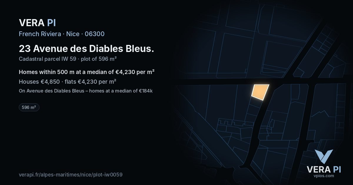 23 Avenue des Diables Bleus, Nice at night – the plot lit, the parcels around coloured by the prices near them