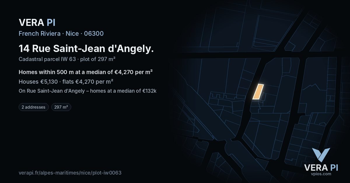 14 Rue Saint-Jean d'Angely, Nice at night – the plot lit, the parcels around coloured by the prices near them