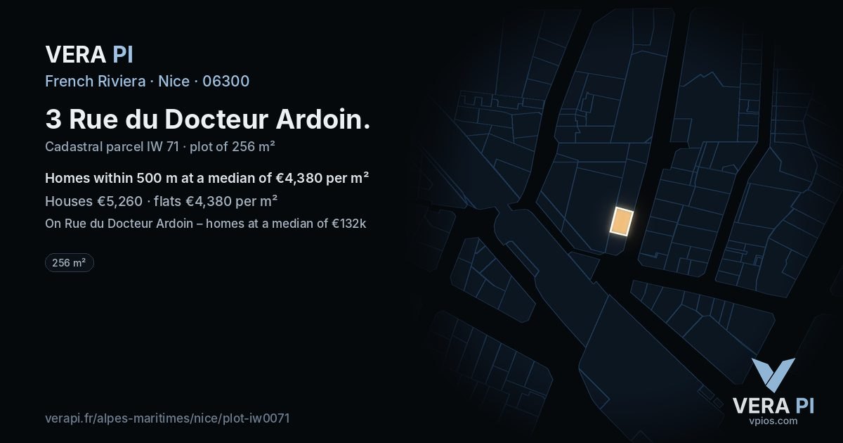 3 Rue du Docteur Ardoin, Nice at night – the plot lit, the parcels around coloured by the prices near them
