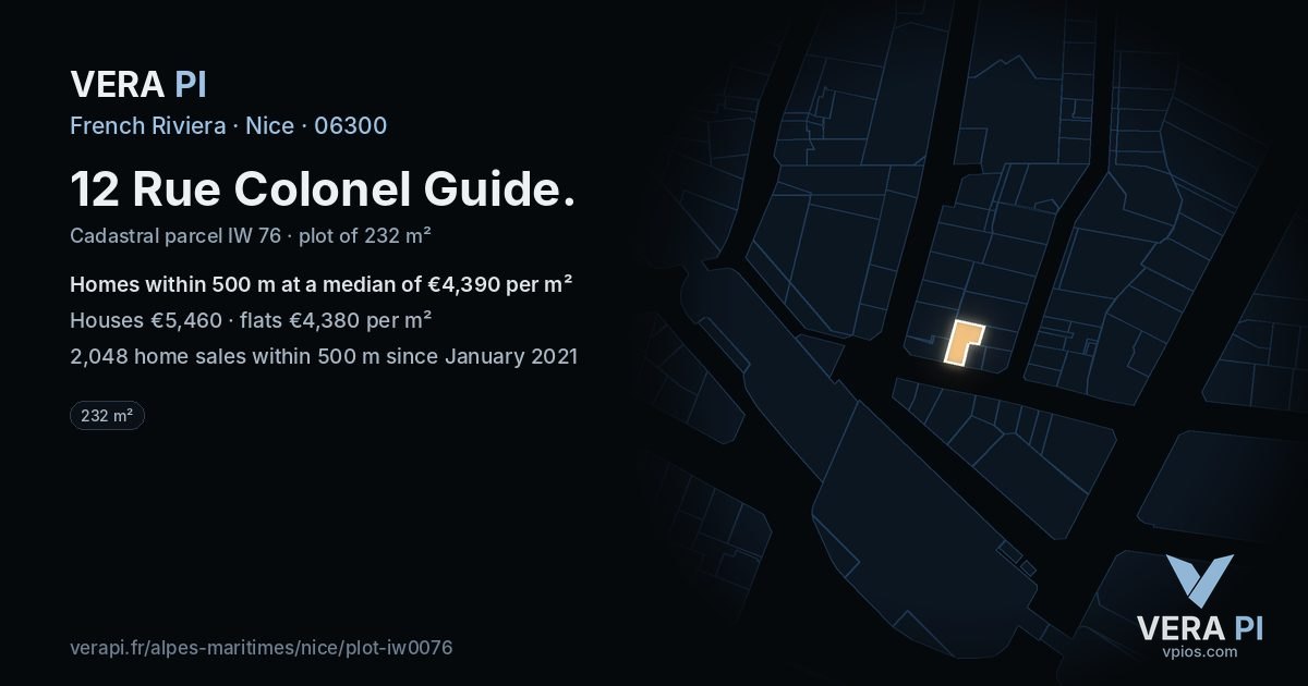 12 Rue Colonel Guide, Nice at night – the plot lit, the parcels around coloured by the prices near them