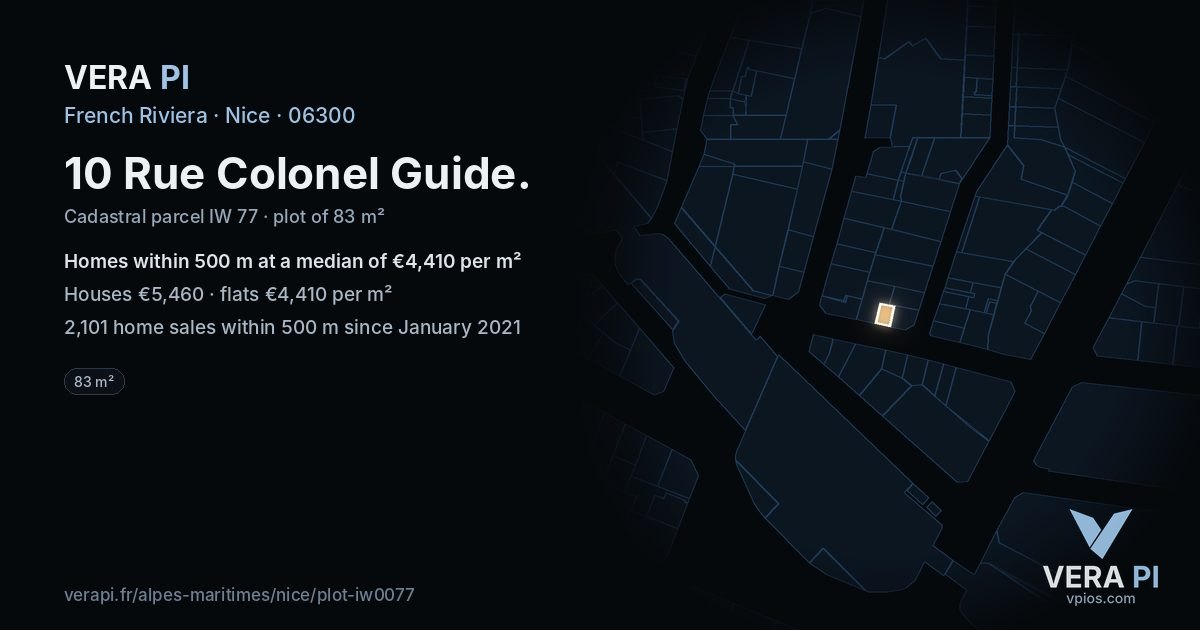 10 Rue Colonel Guide, Nice at night – the plot lit, the parcels around coloured by the prices near them